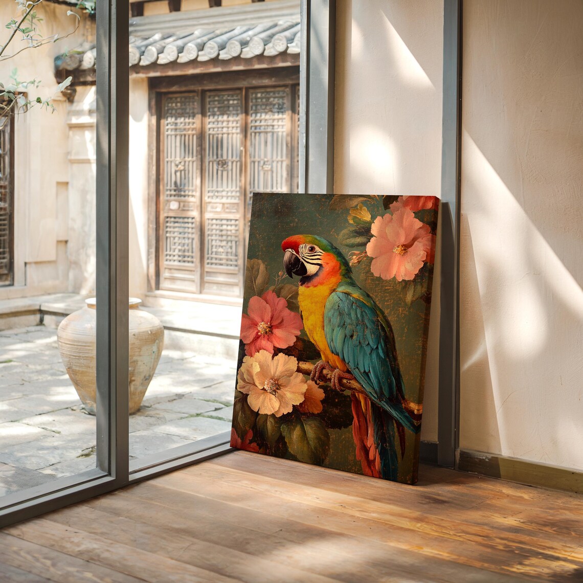 Tropical Parrot Art, Vibrant Macaw With Hibiscus Flowers - Image 4