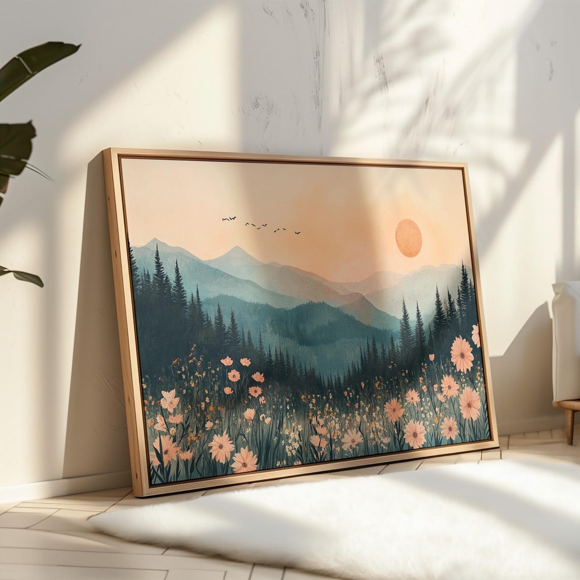 Soft Peach Mountain Sunrise With Pine Forest And Wildflowers Poster - Image 3