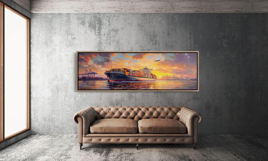 Cargo Ship Sunset Port Maritime Wall Art Industrial Ocean Print