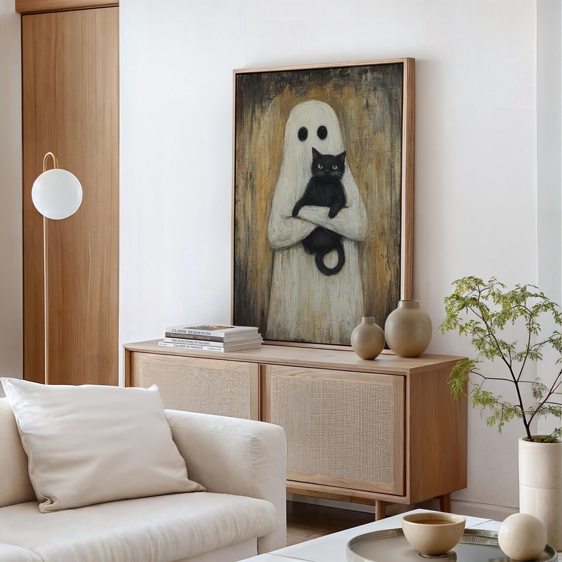 Ghost And Black Cat Rustic Halloween Art Print - Image 6