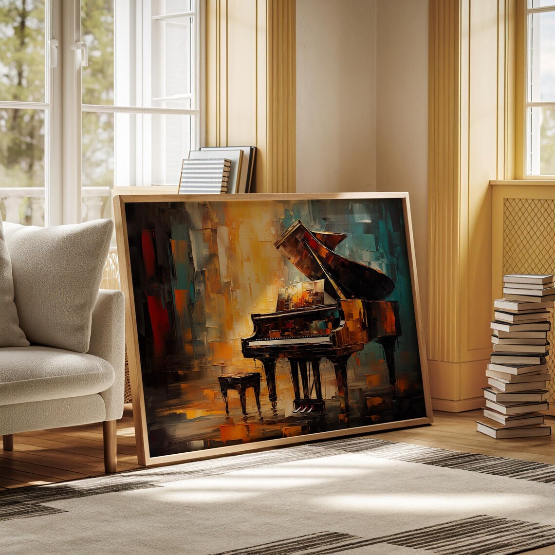 Grand Piano Abstract Oil Painting Gold Teal Music Room Poster - Image 6
