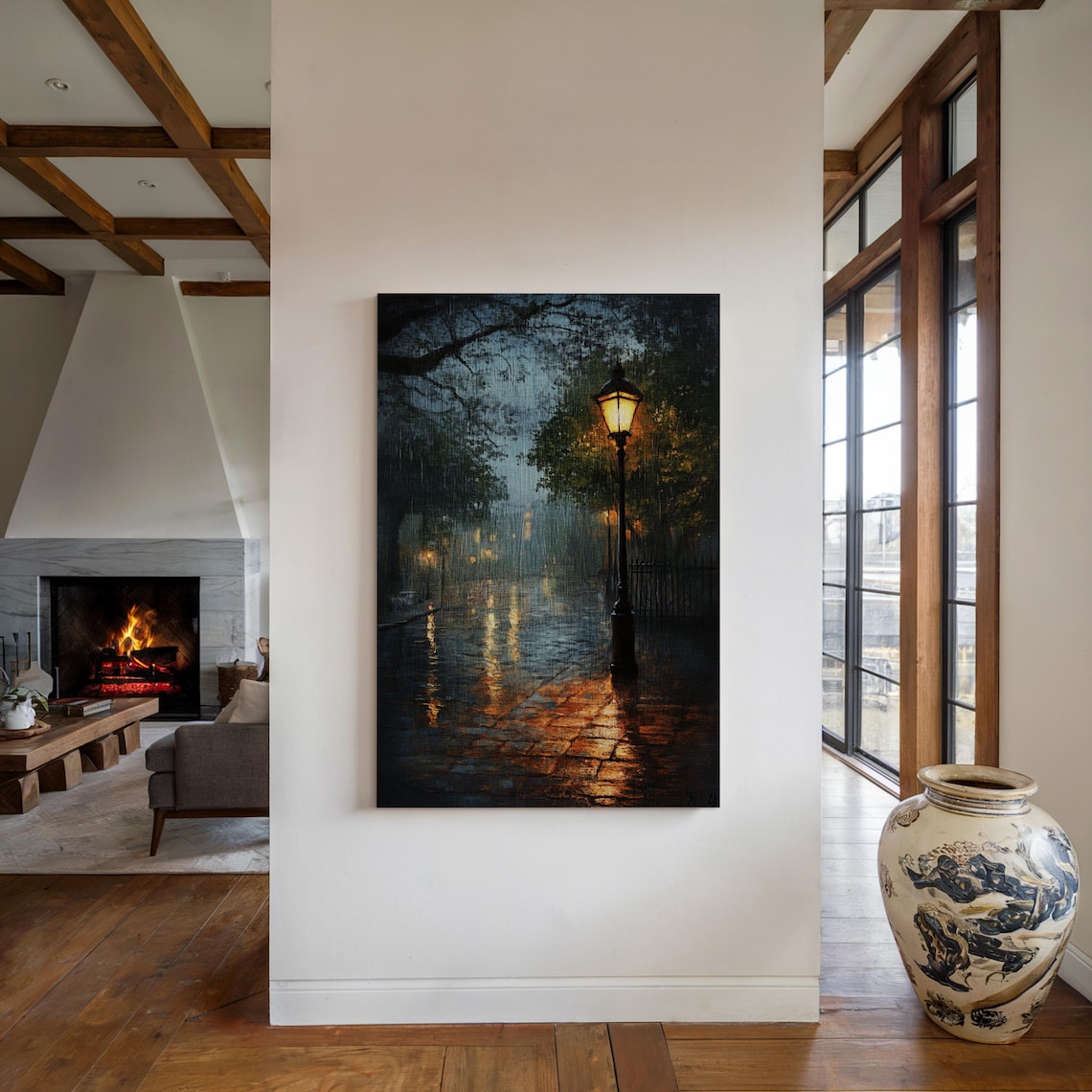 Rainy Night Street Scene Vintage Oil Painting, Cityscape - Image 5
