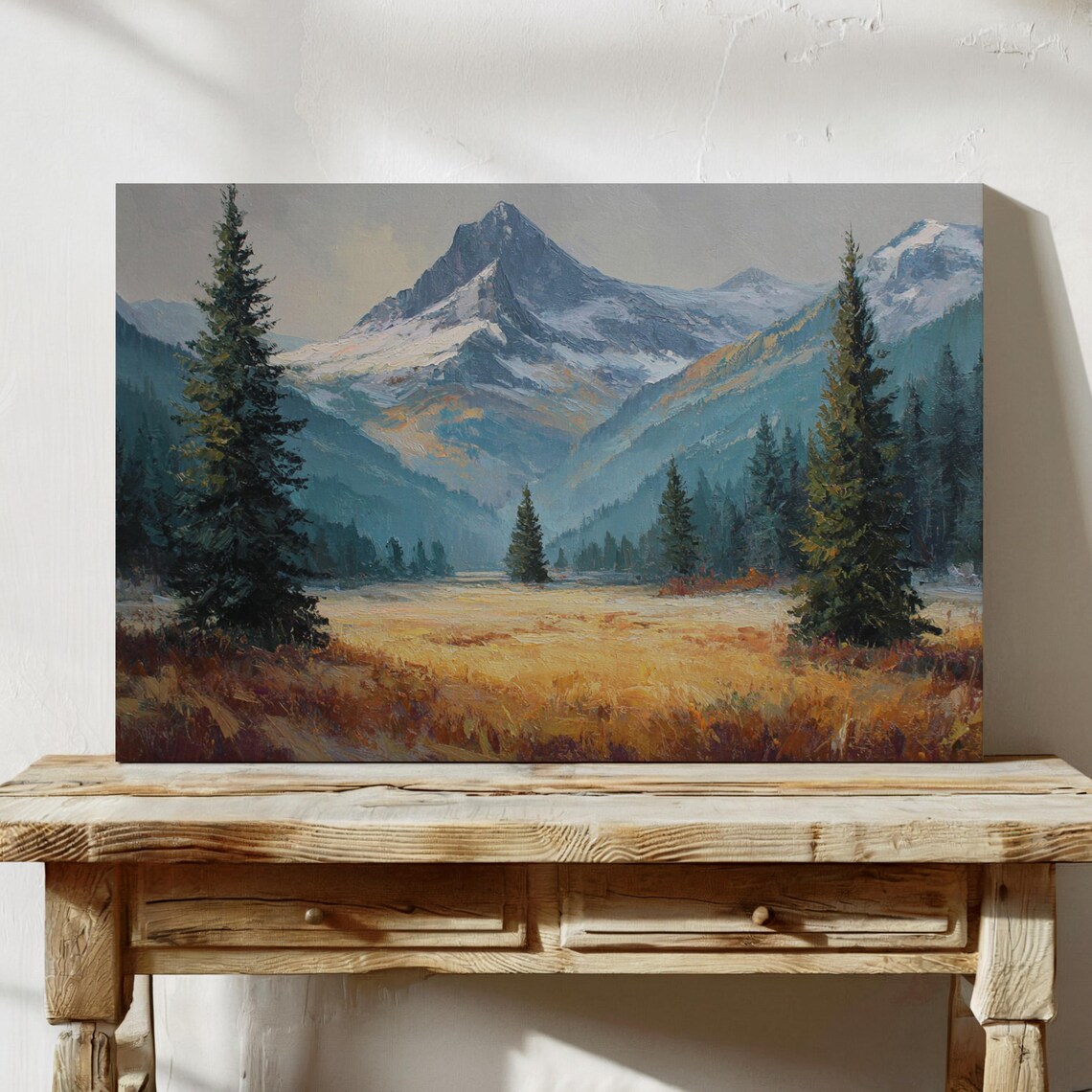 Snowy Mountain Peaks Above A Golden Meadow Oil Painting Poster