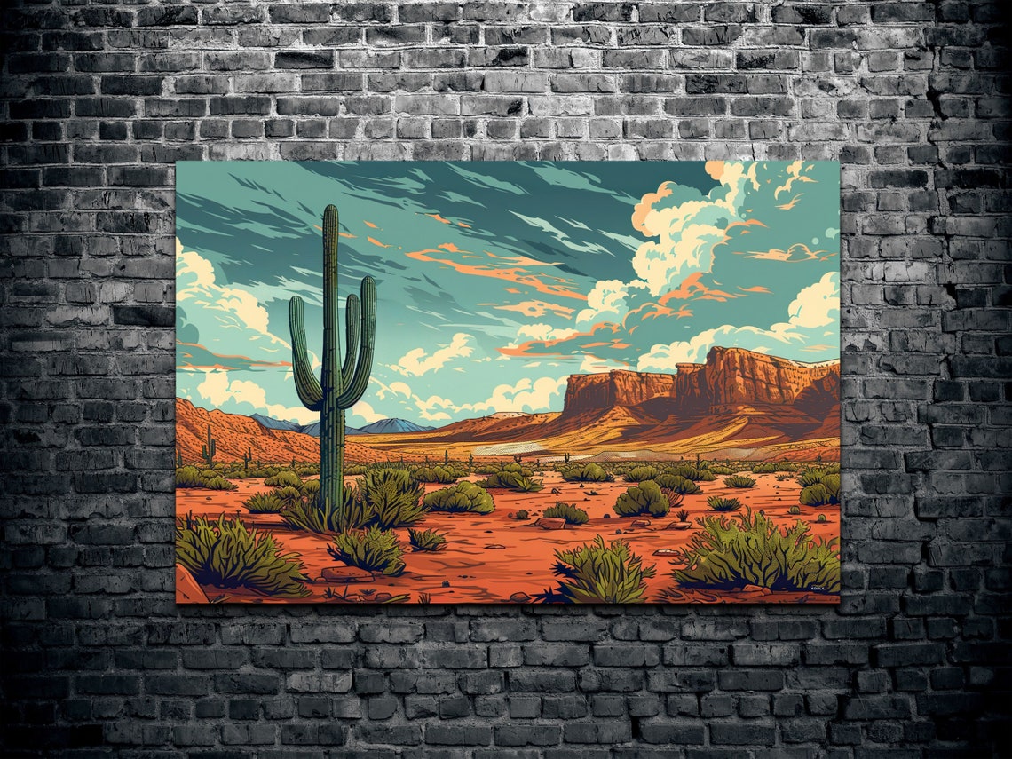 Retro Desert Illustration Saguaro Cactus Red Rock Mesa Wall Art - Image 2