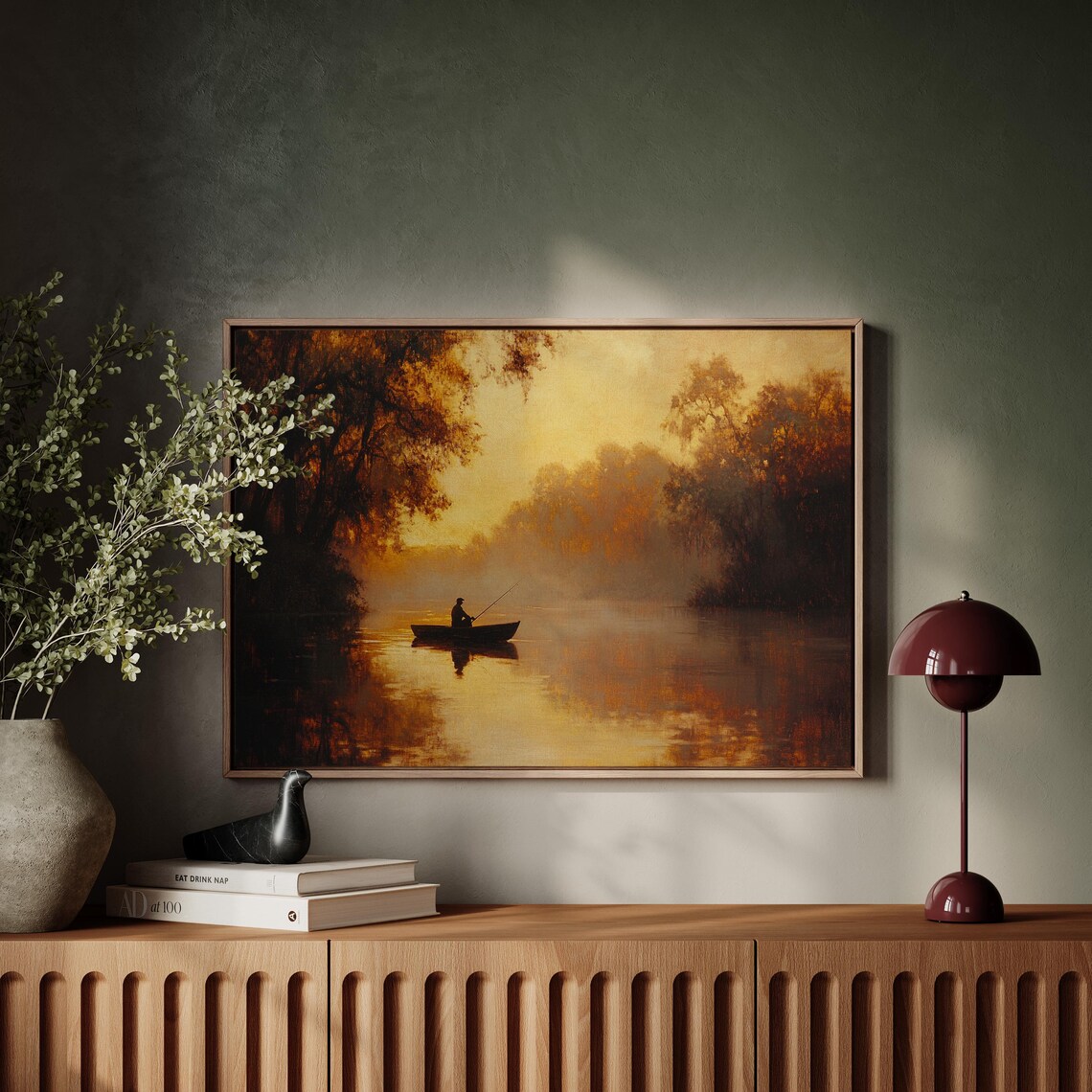 Lone Fisherman in a Boat on a Golden River at Sunset Tranquil Poster - Image 4