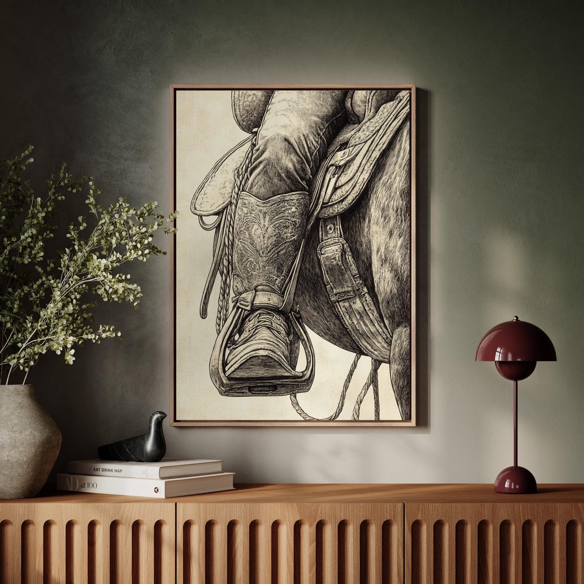 Cowboy Boot Resting In Stirrup Saddle Close Up Vintage Western Print - Image 5
