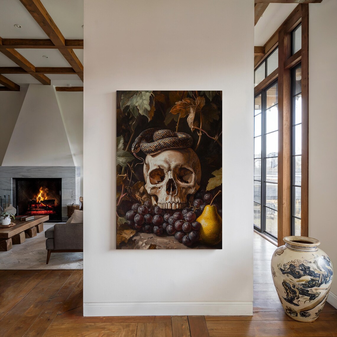 Skull Snake Grapes Pear Dark Still Life Gothic Vintage Oil Painting Poster - Image 5