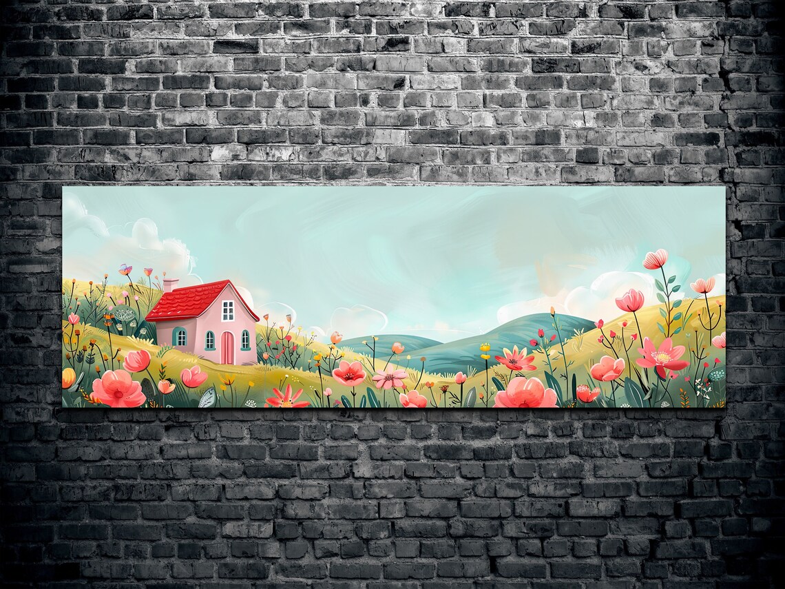 Pink Cottage on Flower Hill Pastel Folk Art Landscape Poster - Image 2