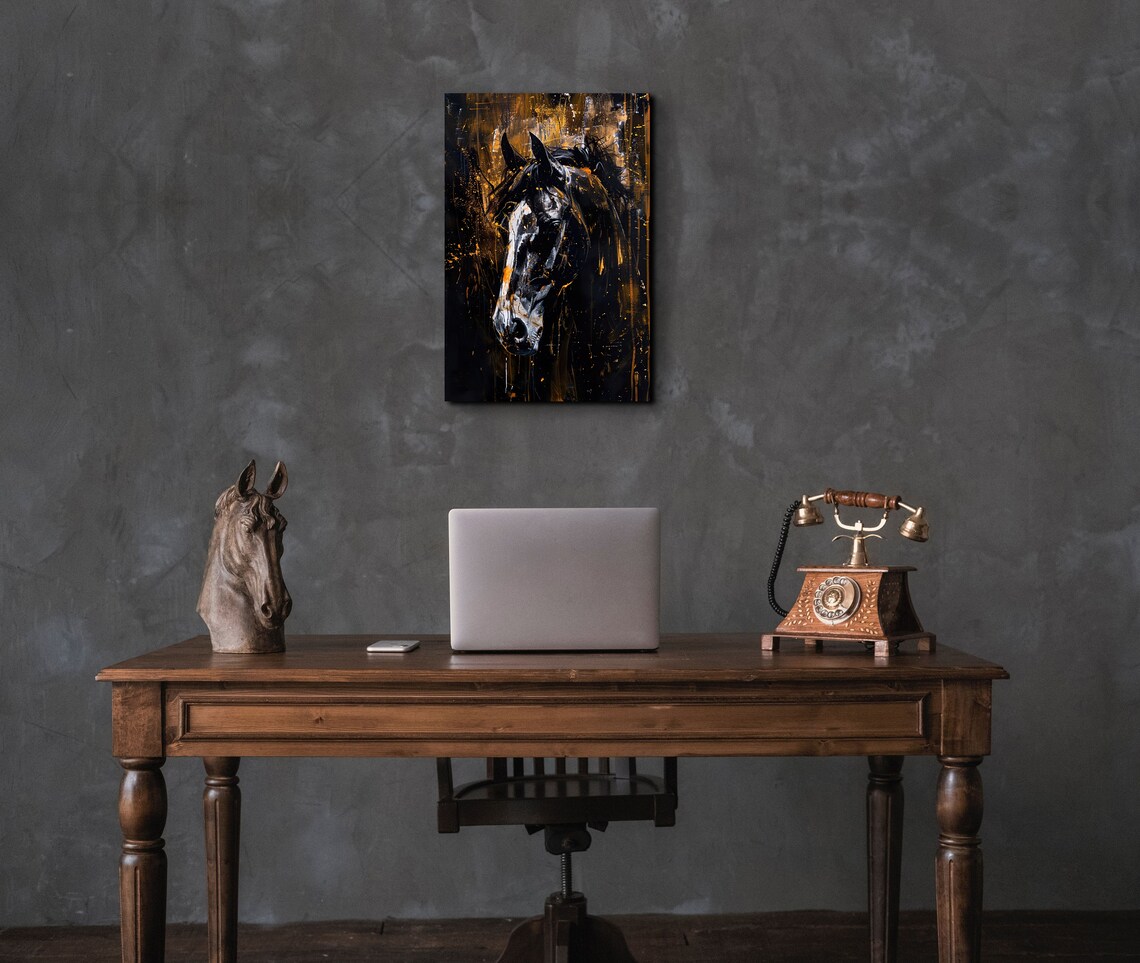 Majestic Black Horse Head Gold Splatter Abstract Modern Art Poster - Image 7