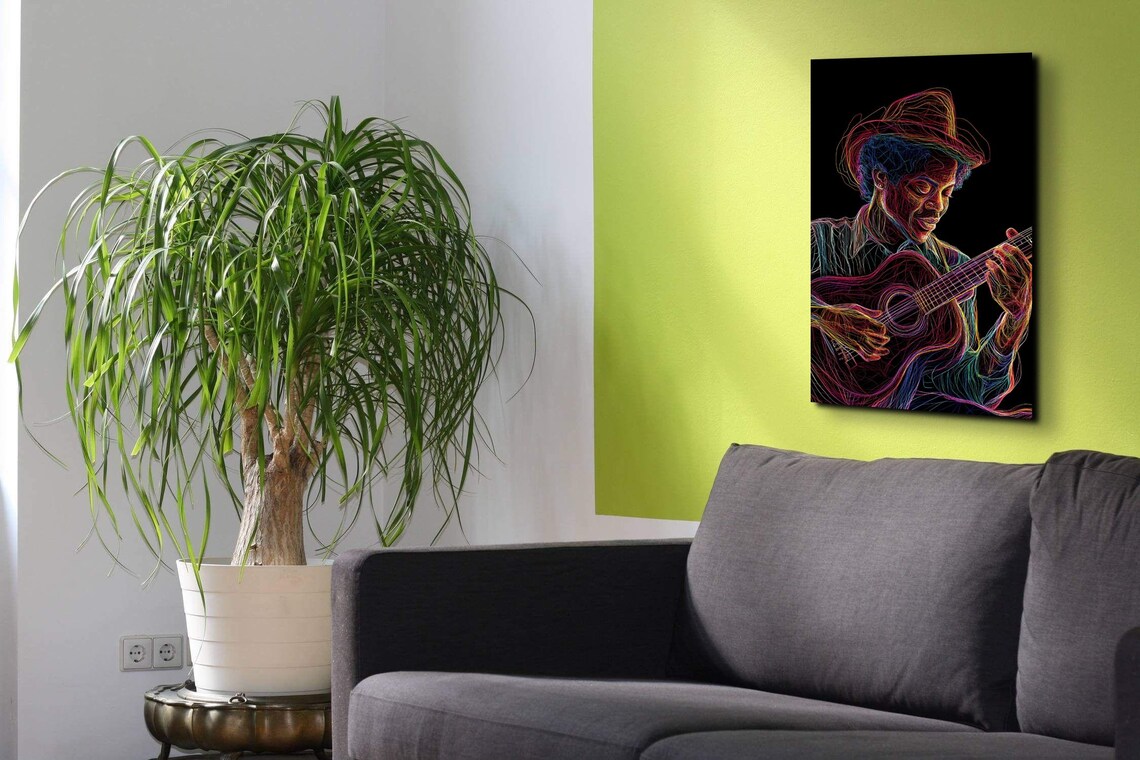 Neon Line Art Guitarist in Hat Colorful Music Room Wall Poster - Image 3