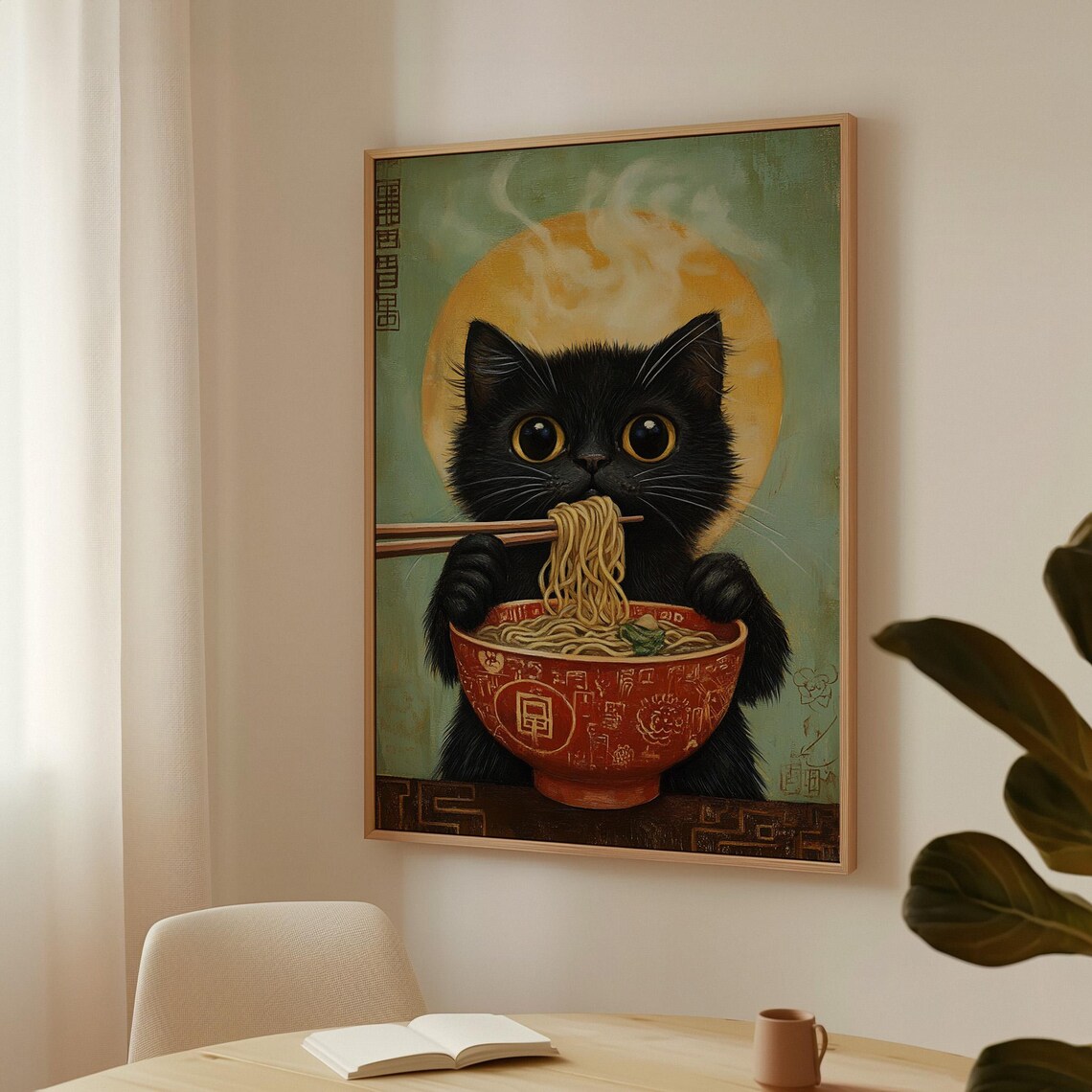 Black Cat Enjoying Ramen, Whimsical Kitchen Decor - Image 3