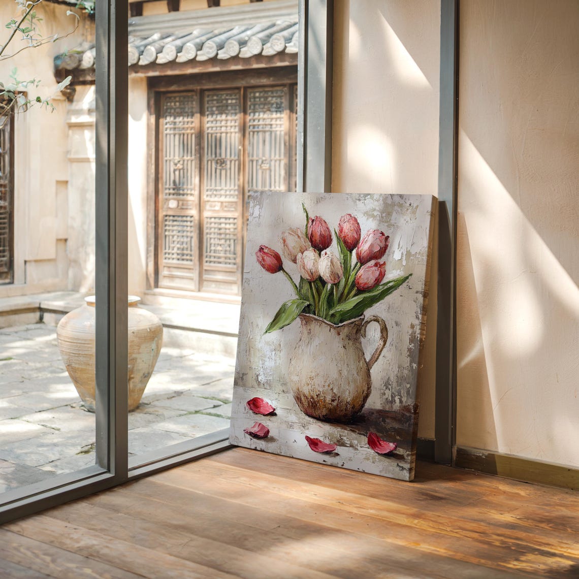 Pink Tulips in Vintage Ceramic Pitcher With Scattered Petals Poster - Image 6