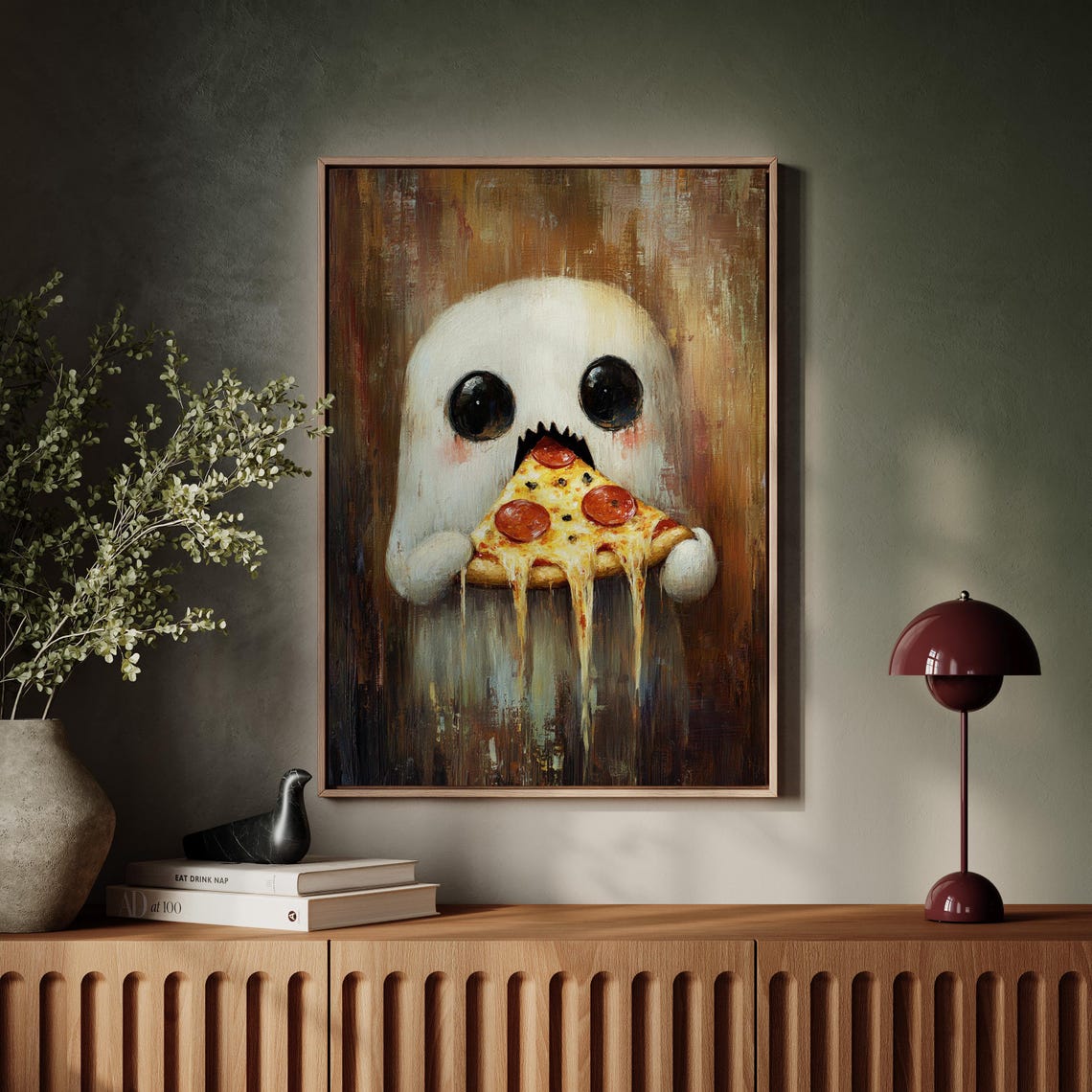 Cute Ghost Eating Pepperoni Pizza Funny Halloween Art Poster