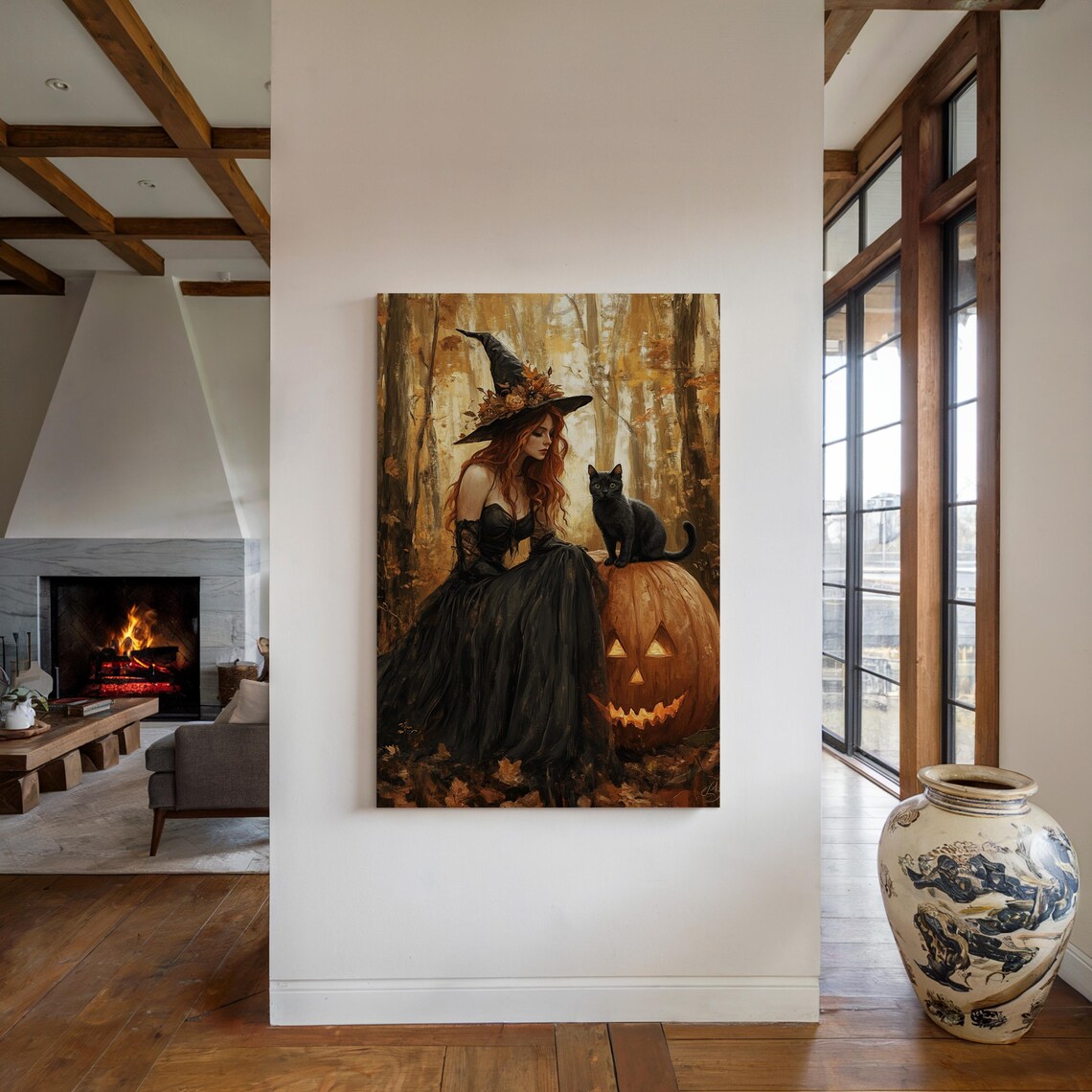 Elegant Redhead Witch and Black Cat on Pumpkin in Golden Autumn Forest Art - Image 3