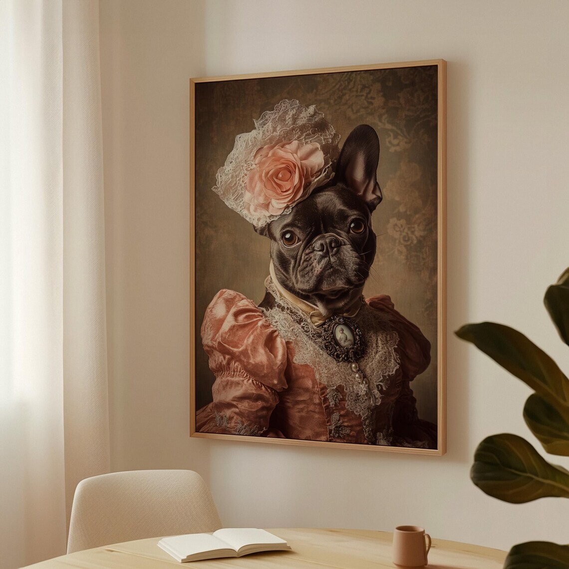 Black French Bulldog Lace Bonnet Coral Gown Cameo Victorian Dog Poster