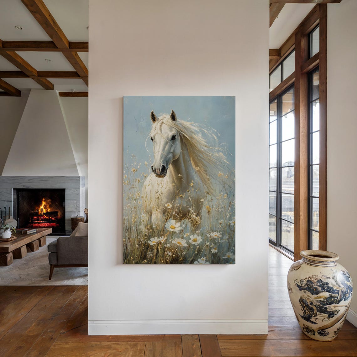 White Horse Daisy Meadow Blue Sky Majestic Equestrian Poster - Image 4