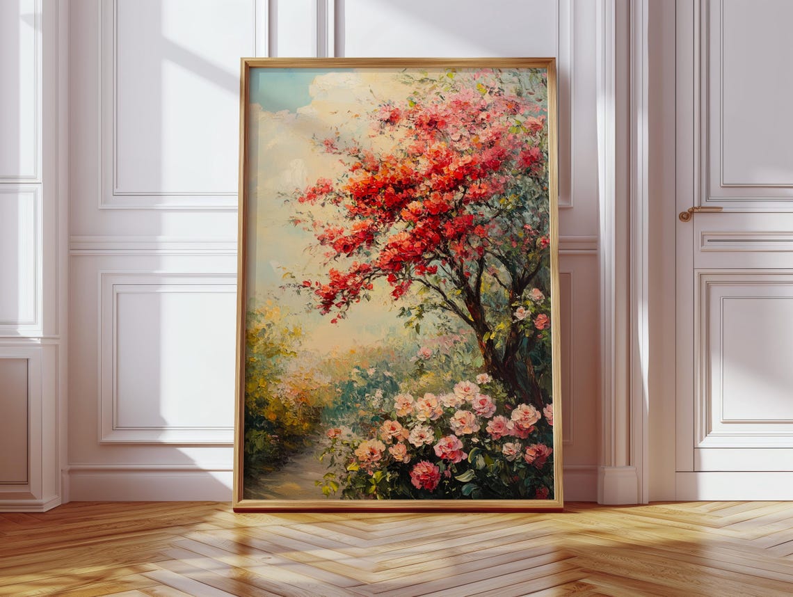 Red Blossom Tree With Pink Roses Impressionist Garden Scene Poster - Image 3
