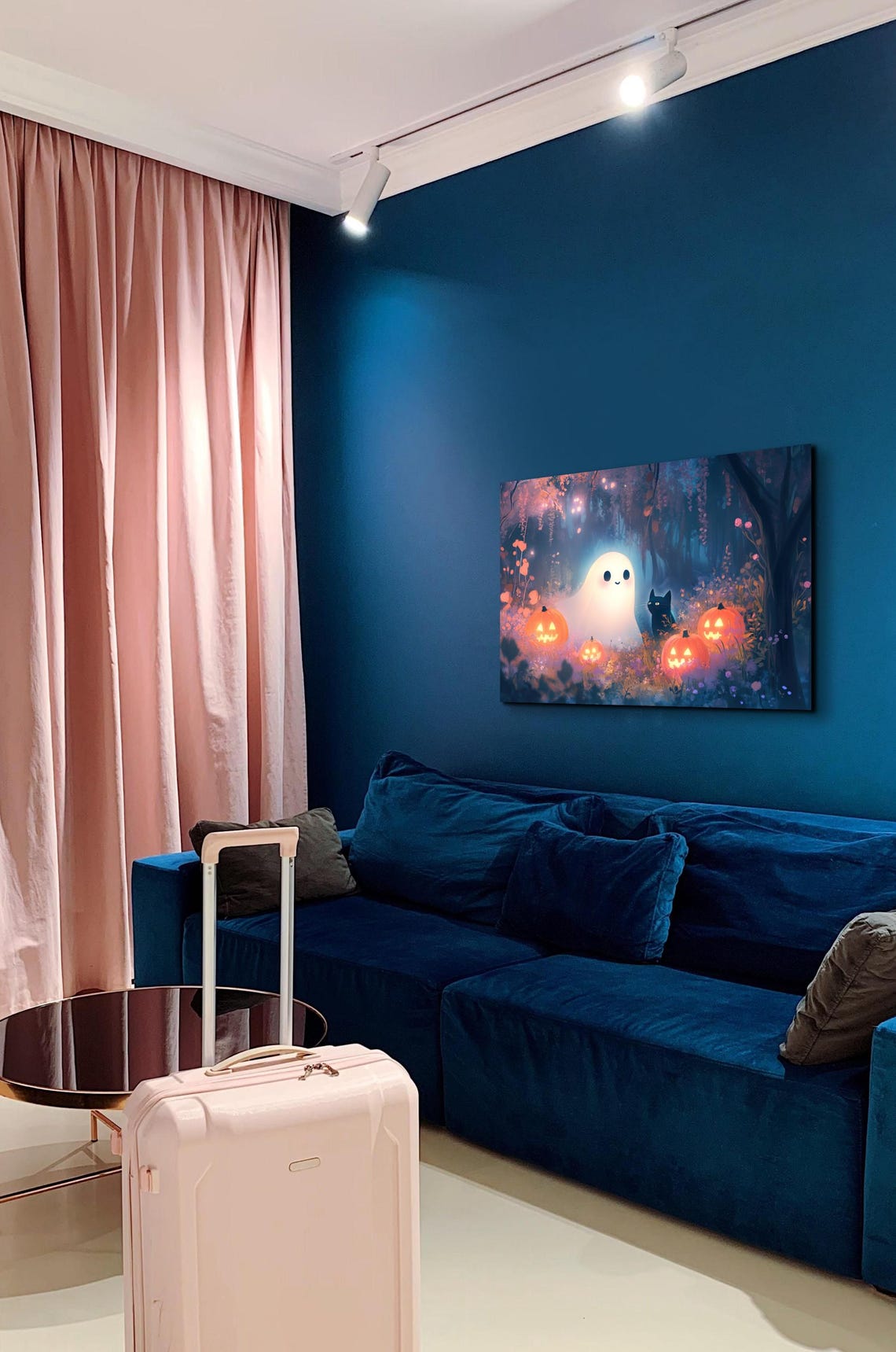 Smiling Ghost Black Cat Pumpkins Magical Forest Scene Poster - Image 5