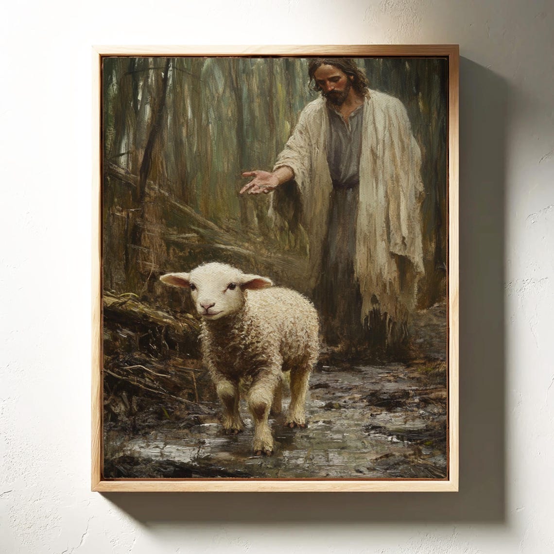 Jesus Reaching Out His Hand to a Lost Lamb in the Dark Woods Poster - Image 3