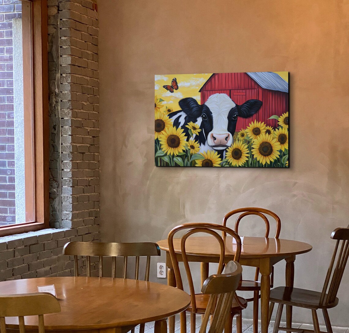 Black and White Cow Among Sunflowers Red Barn Country Poster - Image 4