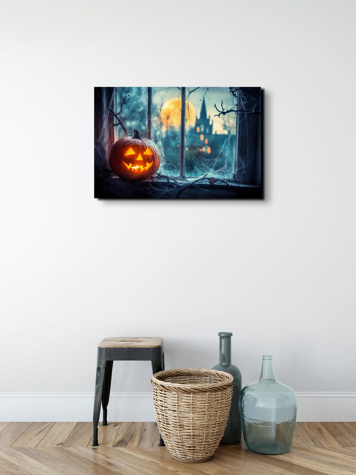 Glowing Jack O Lantern on Gothic Window Ledge Under Full Moon Poster - Image 3