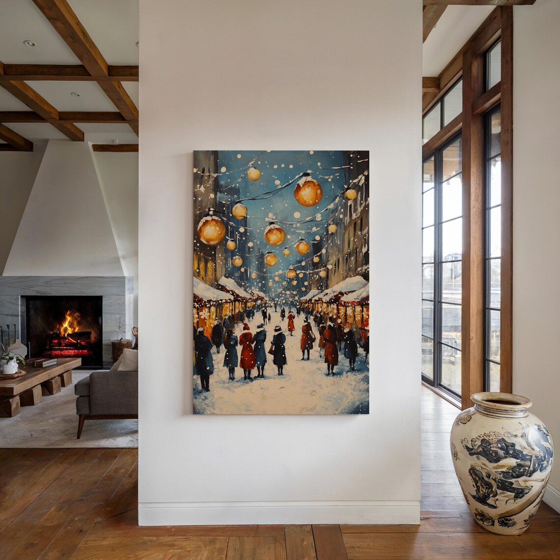 Charming Christmas Market Winter Scene Golden Lanterns Snowfall Poster - Image 5
