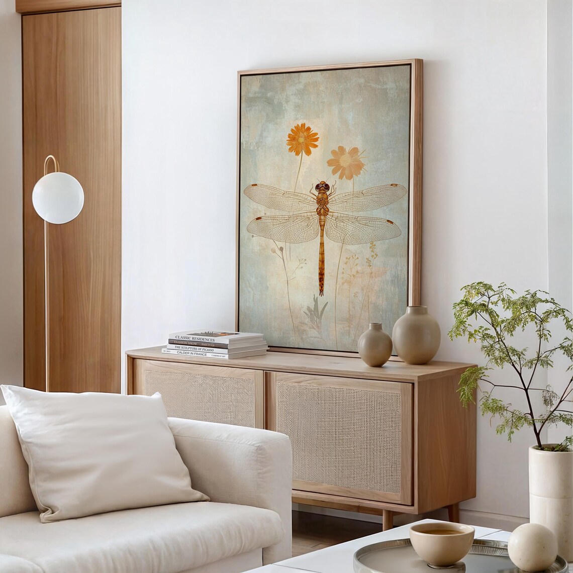 Vintage Dragonfly With Orange Cosmos Flowers On Textured Blue Art Poster - Image 4