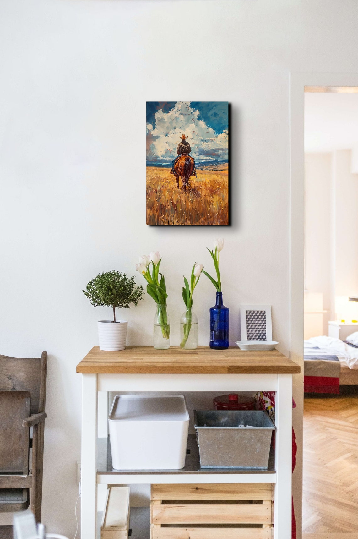 Cowboy Riding Horse Into Golden Horizon Under Dramatic Clouds Poster - Image 3