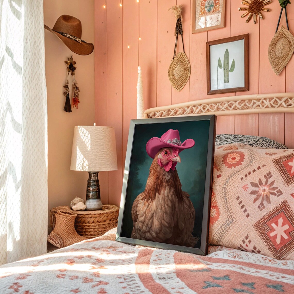 Cowgirl Chicken Pink Cowboy Hat Funny Animal Portrait Poster