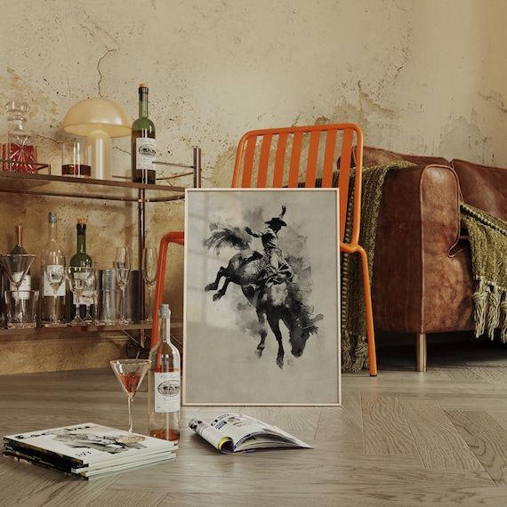 Watercolor Cowboy On Bucking Bronco Art Print