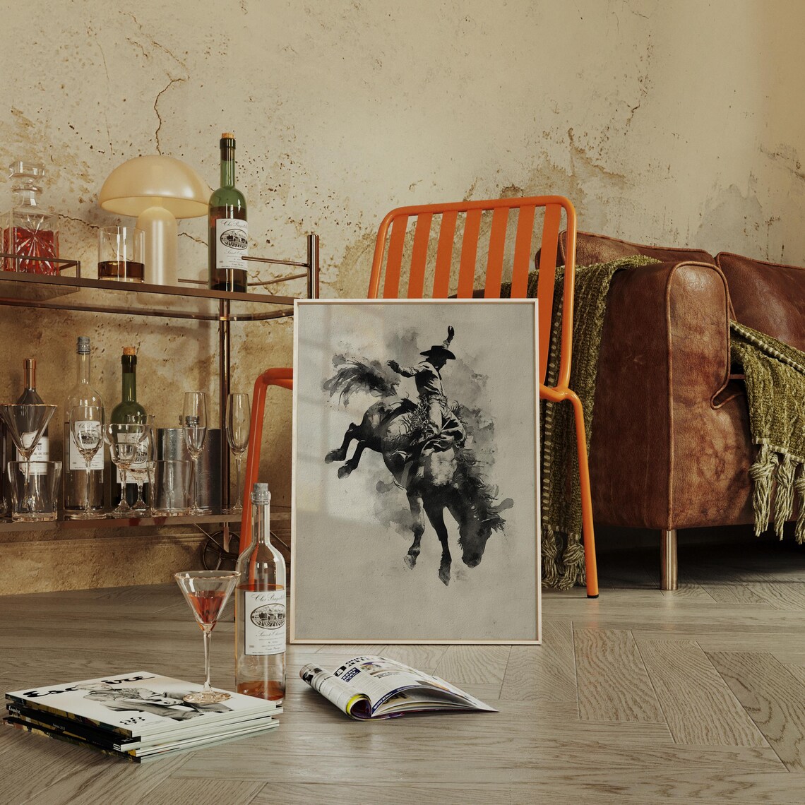 Watercolor Cowboy On Bucking Bronco Art Print