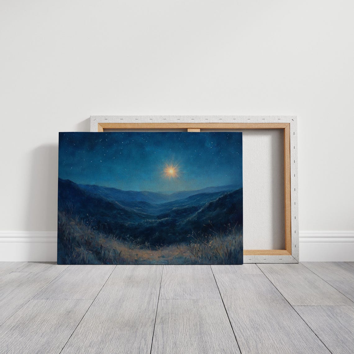 Bright Star Over Moonlit Blue Valleys Serene Night Sky Wall Art - Image 3