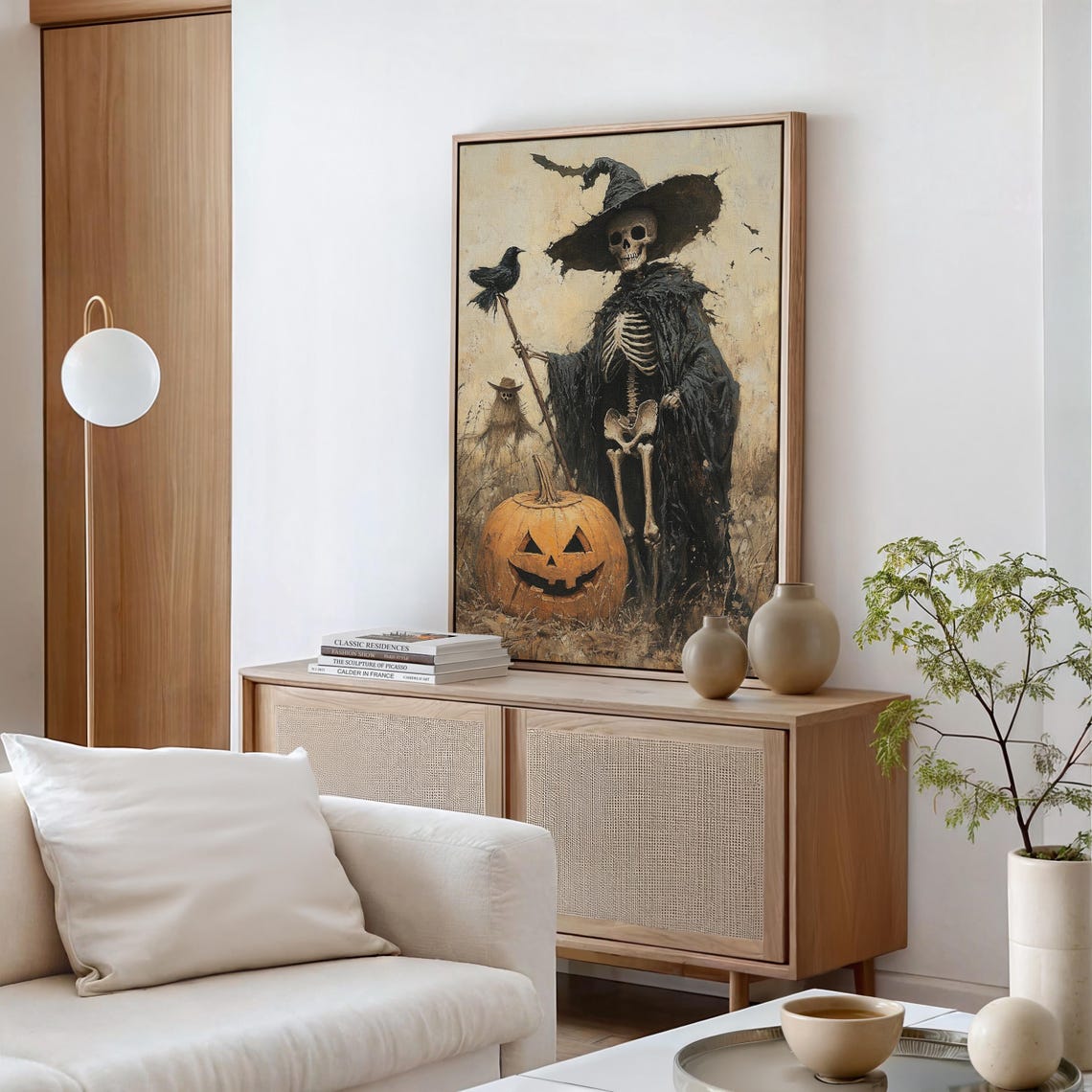 Skeleton Witch Crow Pumpkin Rustic Halloween Oil Painting Poster - Image 5