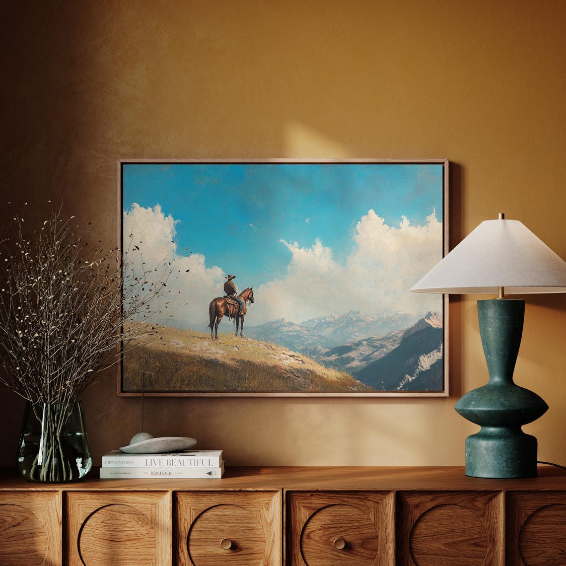Lone Cowboy on Horseback Overlooking Mountain Range Art Poster - Image 6