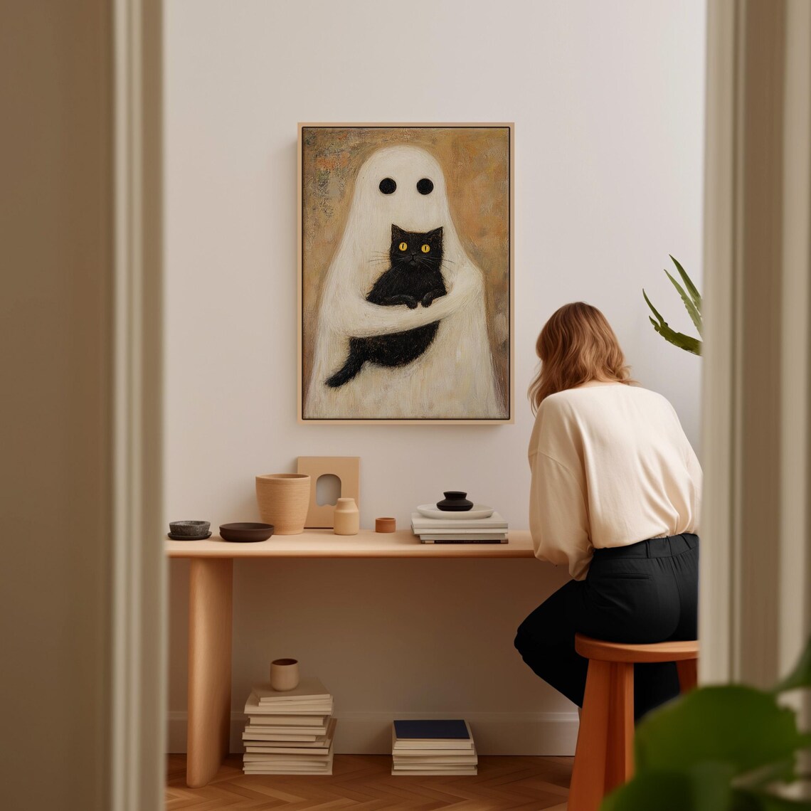 Ghost Hugging Black Cat Vintage Style Halloween Whimsical Spooky Poster - Image 2