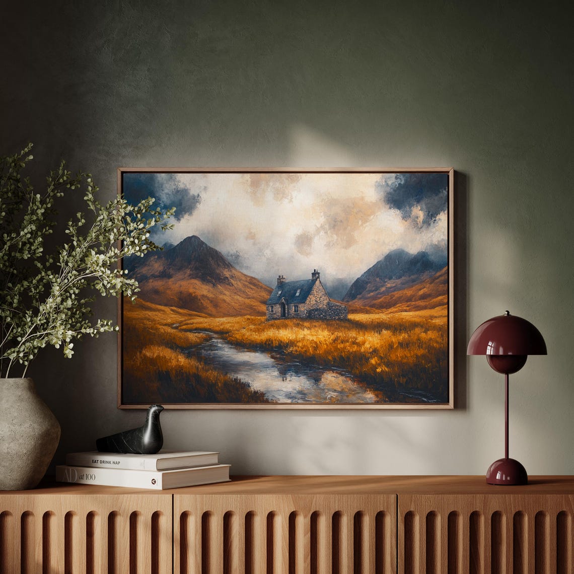 Rustic Highland Cottage In Golden Fields Mountain Landscape Poster