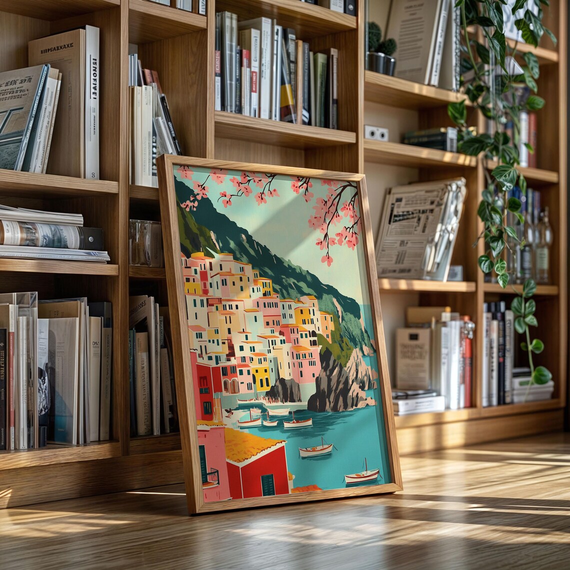 Italian Riviera Cliffside Village Cherry Blossom Travel Poster