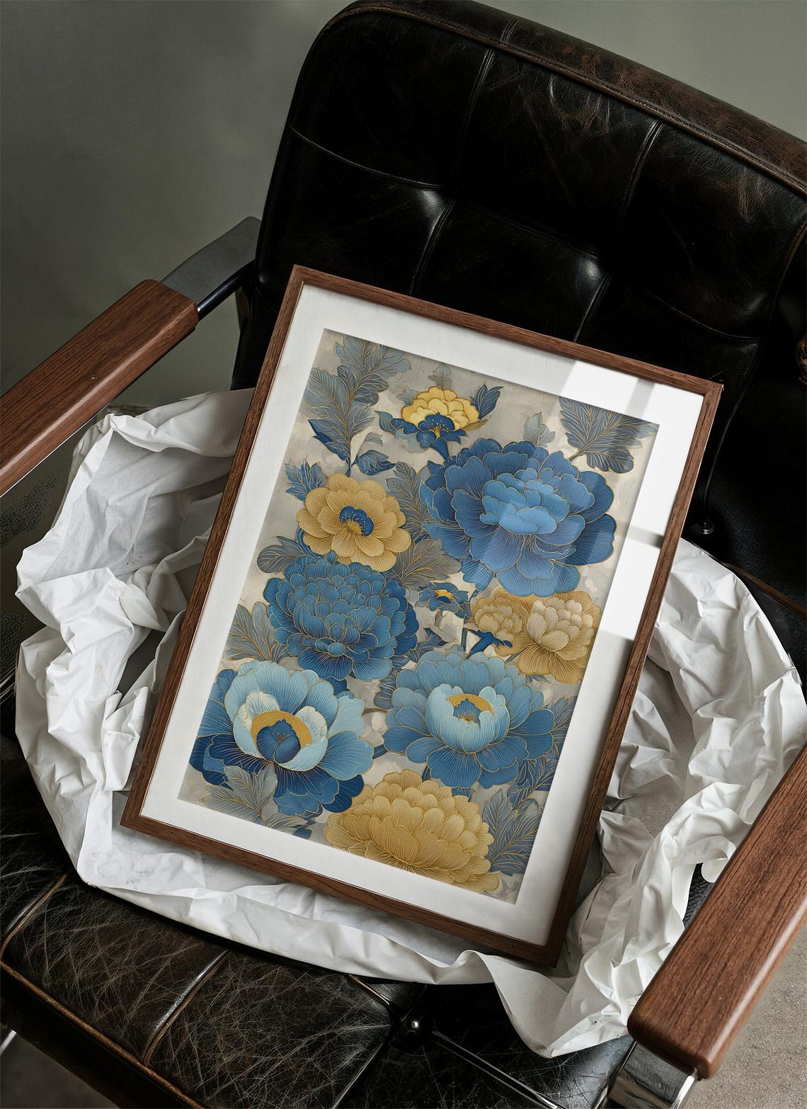 Blue and Gold Peony Floral Elegant Wall Art for Bedroom Decor