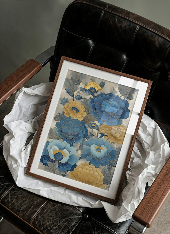 Blue and Gold Peony Floral Elegant Wall Art for Bedroom Decor