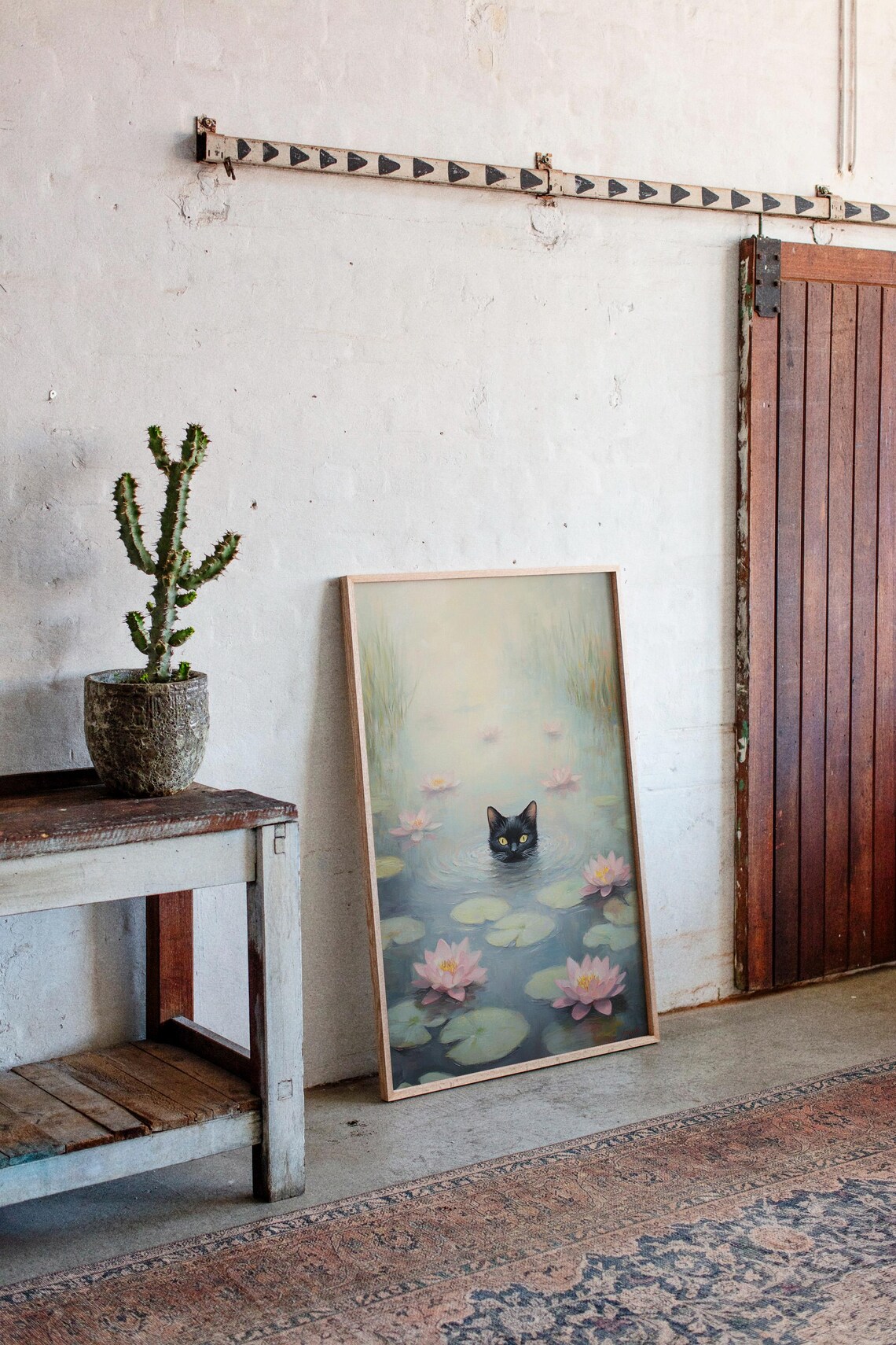 Black Cat Peeking Through Misty Water Lilies Fantasy Wall Art - Image 4