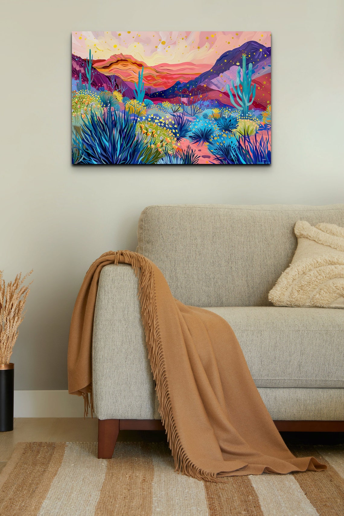 Neon Desert Sunset With Blue Agave and Red Mountains Wall Art - Image 7