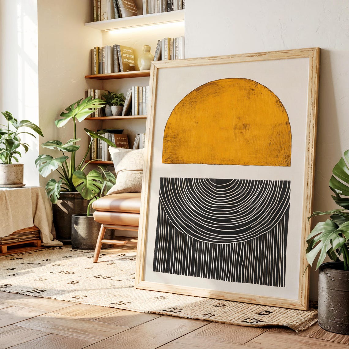 Mustard Yellow Half Circle Black Line Abstract Gallery Art Poster