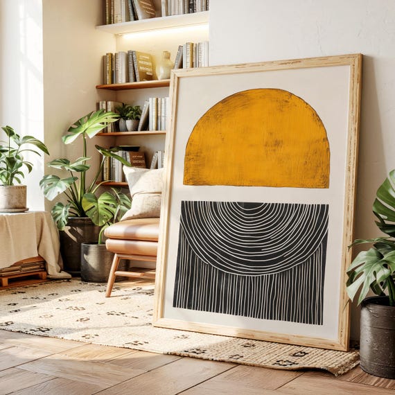 Modern Abstract Geometric Canvas Art Yellow And Black Minimalist Half Circle Print Bold Line Pattern Wall Decor For Living Room