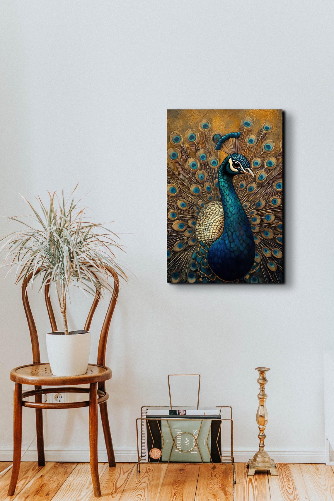 Peacock Profile Golden Background Ornate Bird Portrait Art Poster - Image 4
