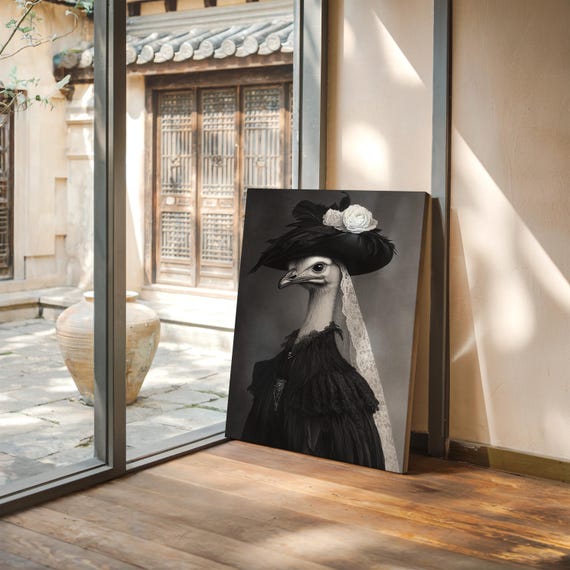 Victorian Ostrich Portrait In Black Lace Dress Hat With White Rose Gothic Dark Academia Animal Art Canvas For Elegant Decor