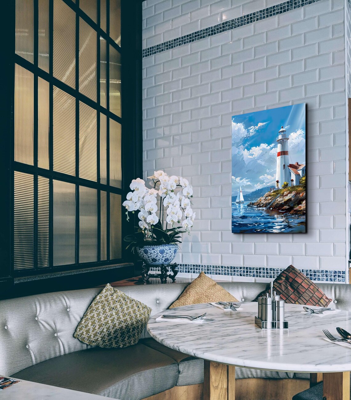 White Lighthouse With Red Band Rocky Shore Ocean Painting Poster - Image 6