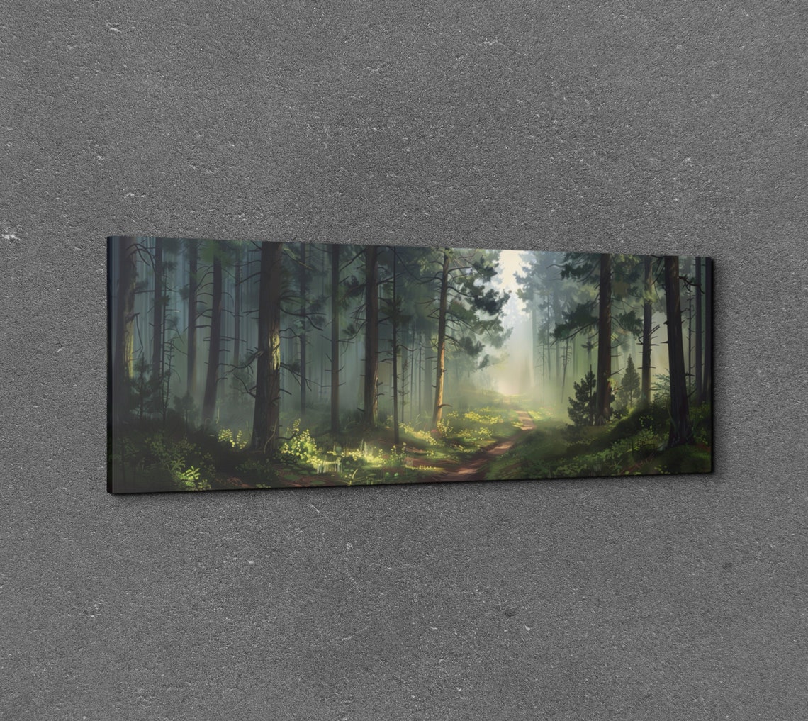Golden Sunlit Path Winding Through a Misty Green Forest Poster - Image 3