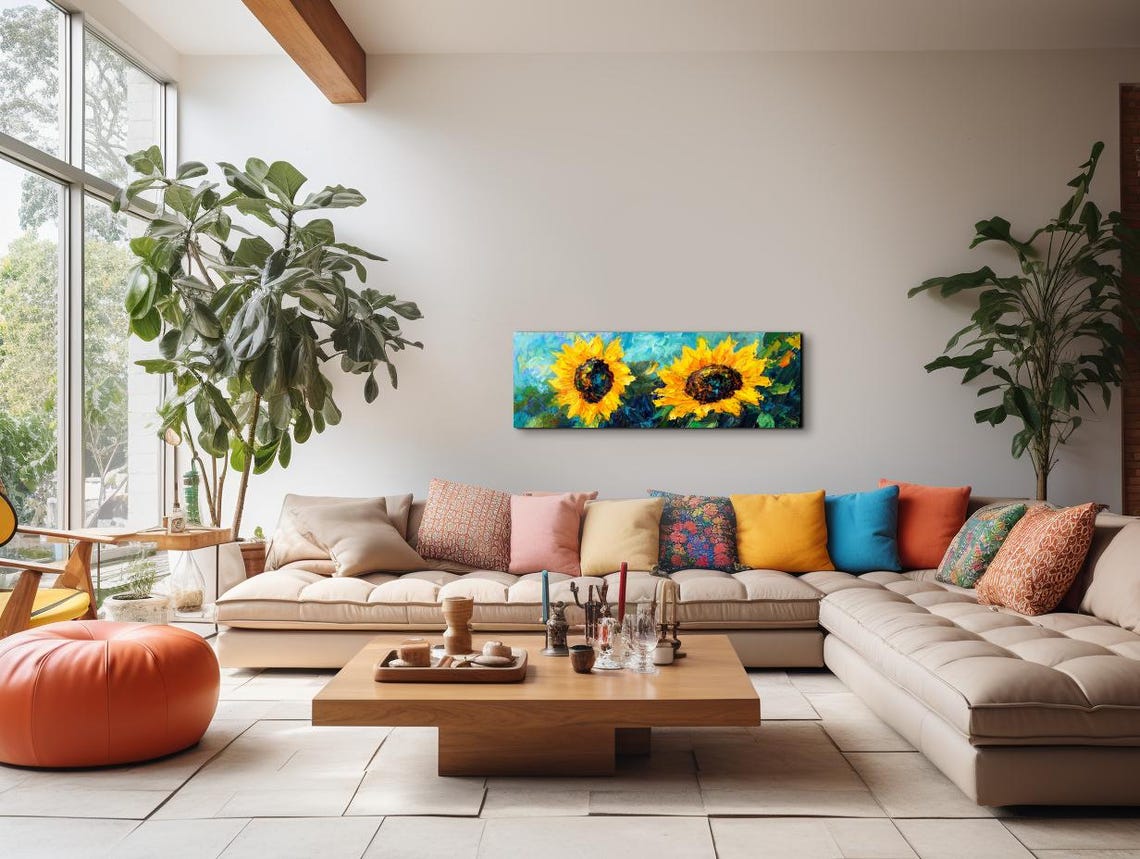 Sunflower Pair Teal Background Palette Knife Panoramic Art Poster - Image 7
