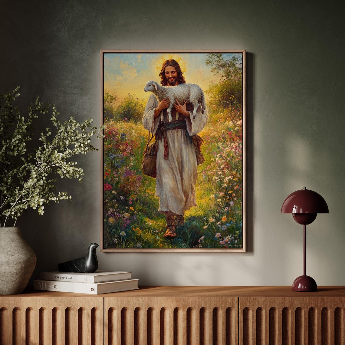 Jesus Carrying Sheep Over Shoulder Sunset Wildflower Field Art Print - Image 7