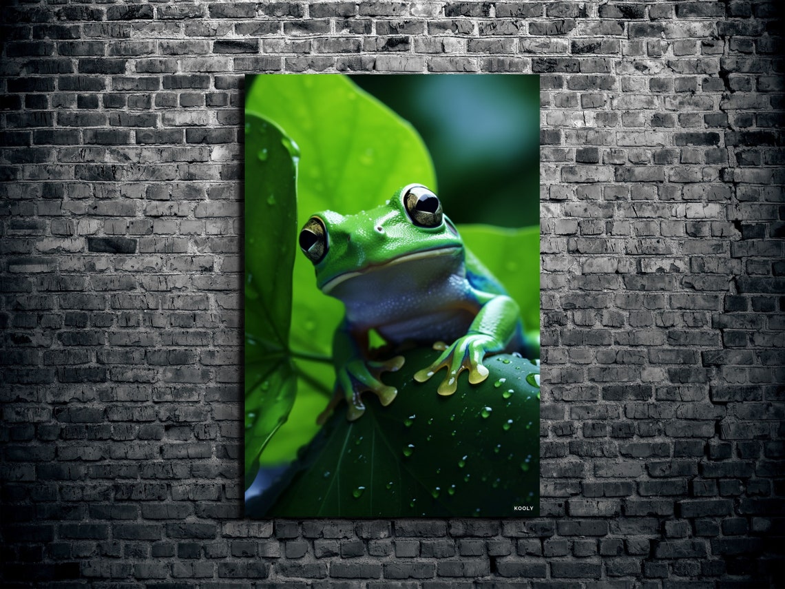 Bright Green Tree Frog Resting On A Dewy Leaf Macro Photo Poster